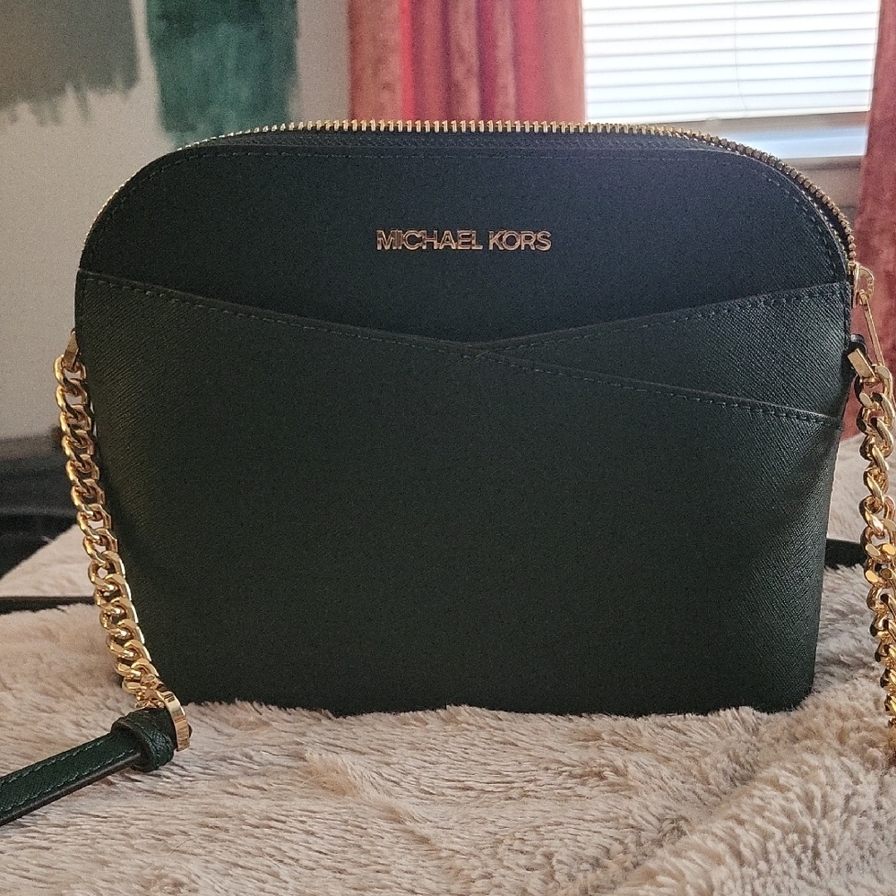 Michael Kors Dark Green Saffiano Crossbody with Gold Chain